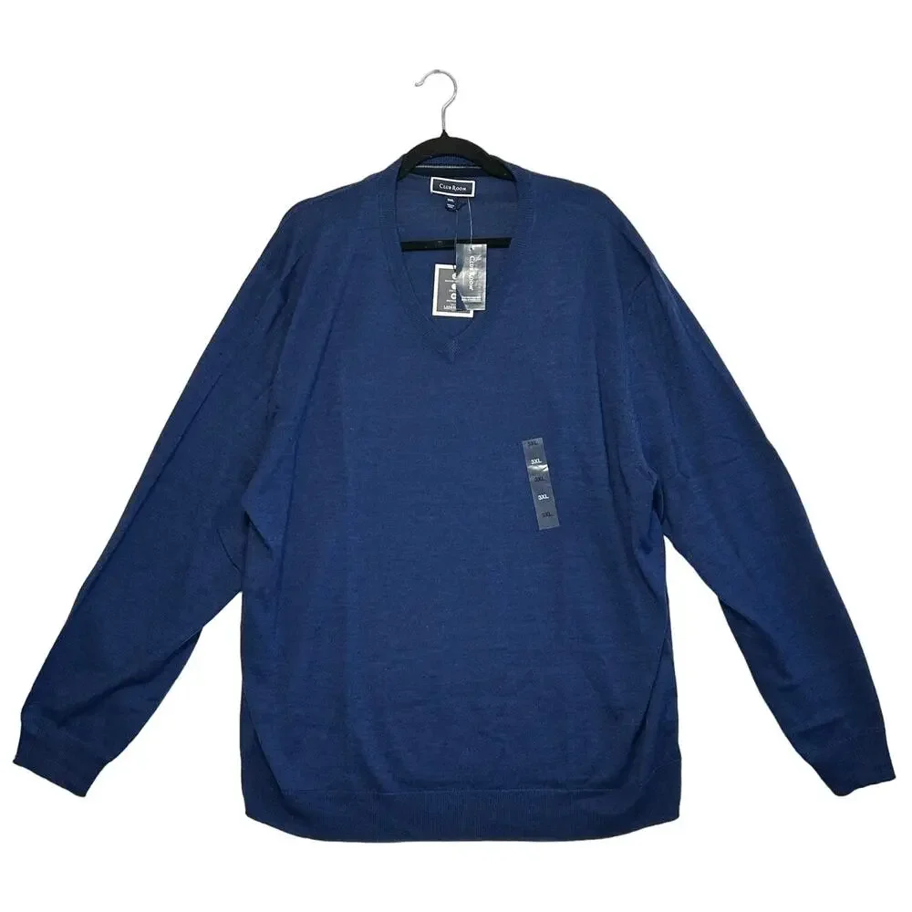 Club Room Merino Wool V-Neck Sweater NWT Men's Sz 3XL Blue Classic Minimalist